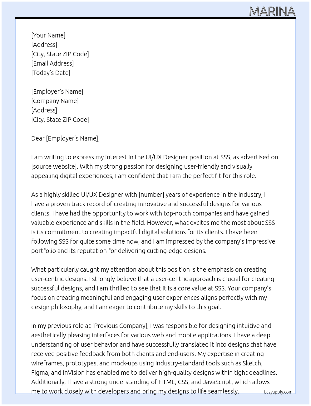 UI/UX Designer At SSS Cover Letter