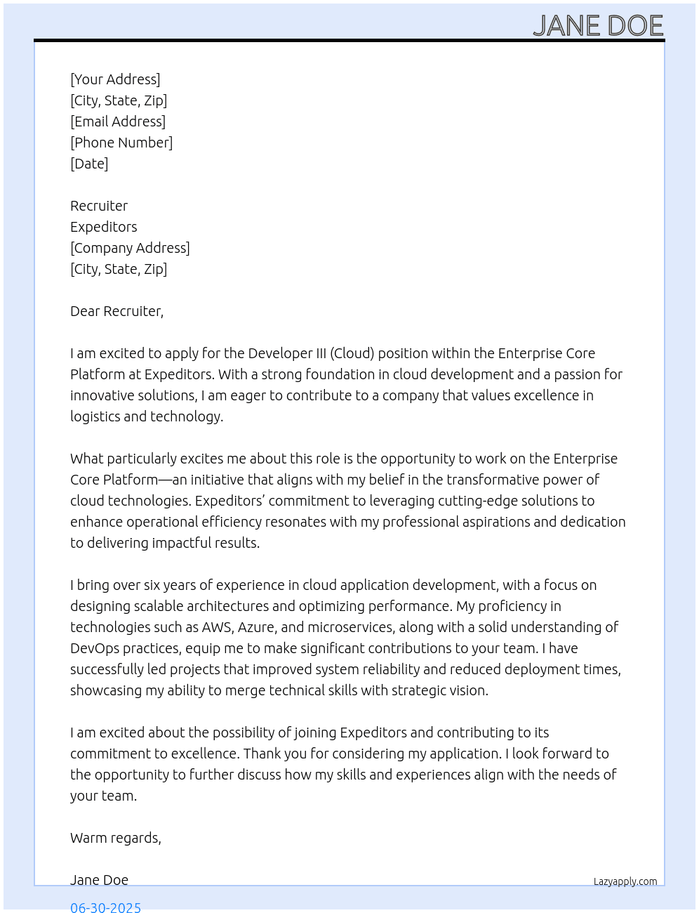 Developer III (Cloud) - Enterprise Core Platform, IS Core At Expeditors Cover Letter