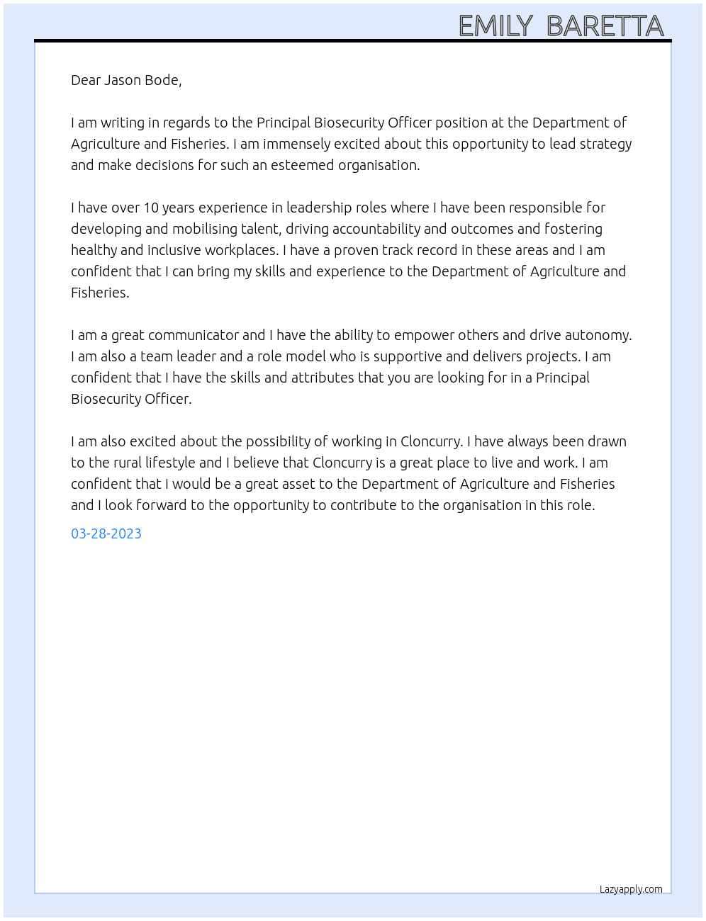 Principal Biosecurity Officer  At Department of Agriculture and Fisheries  Cover Letter