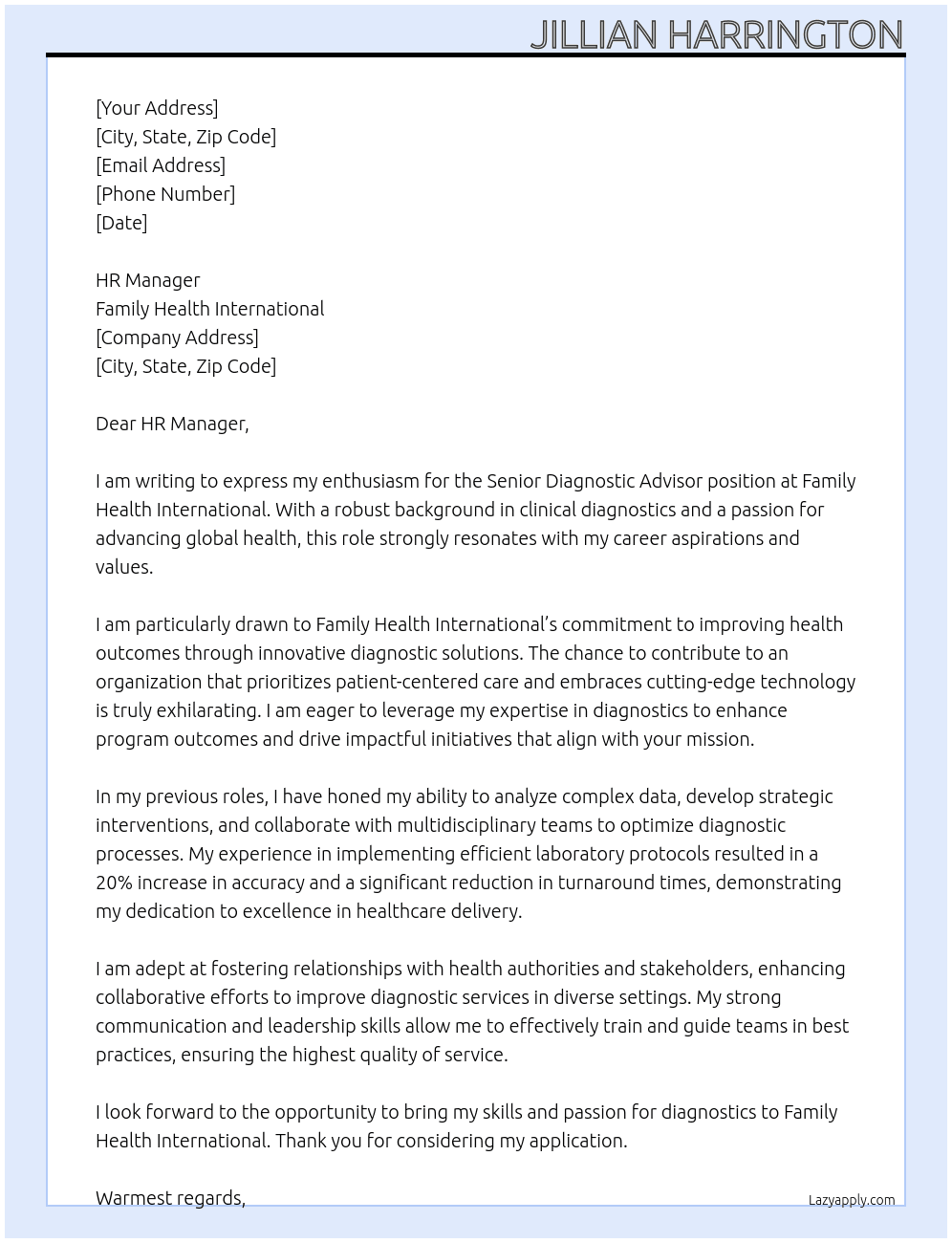  Senior Diagnostic Advisor At Family Health International Cover Letter