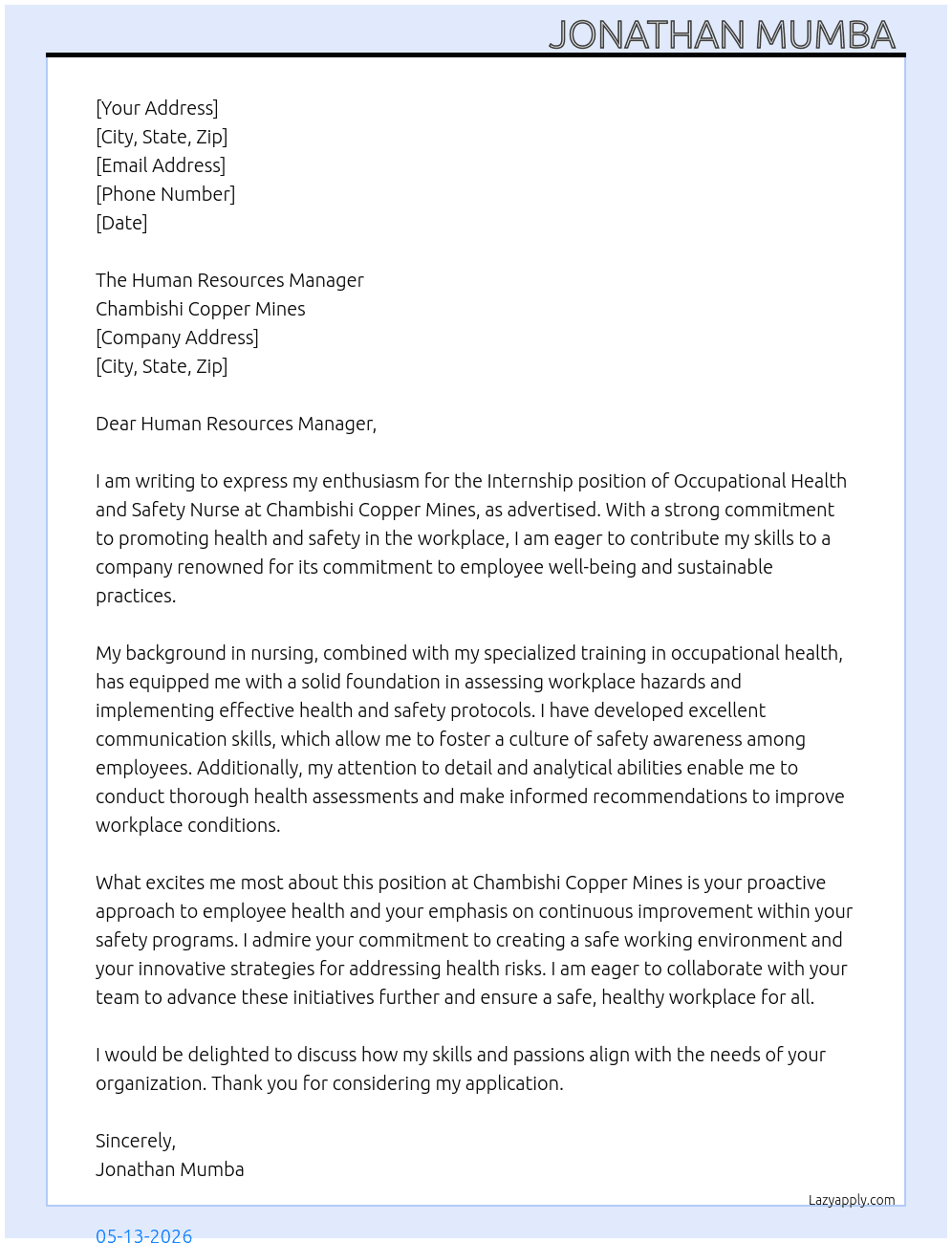 Internship occupational health and safety nurse  At Chambishi Copper Mines  Cover Letter
