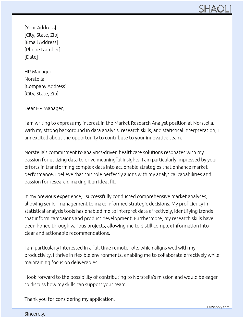 Market Research Analyst At Norstella Cover Letter