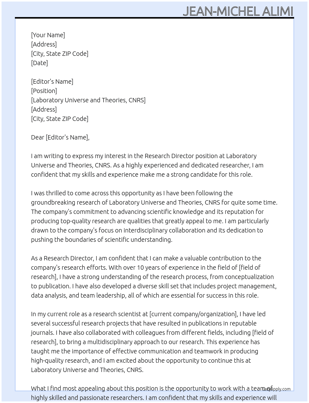 Research Director At Laboratory Universe and Theories, CNRS Cover Letter