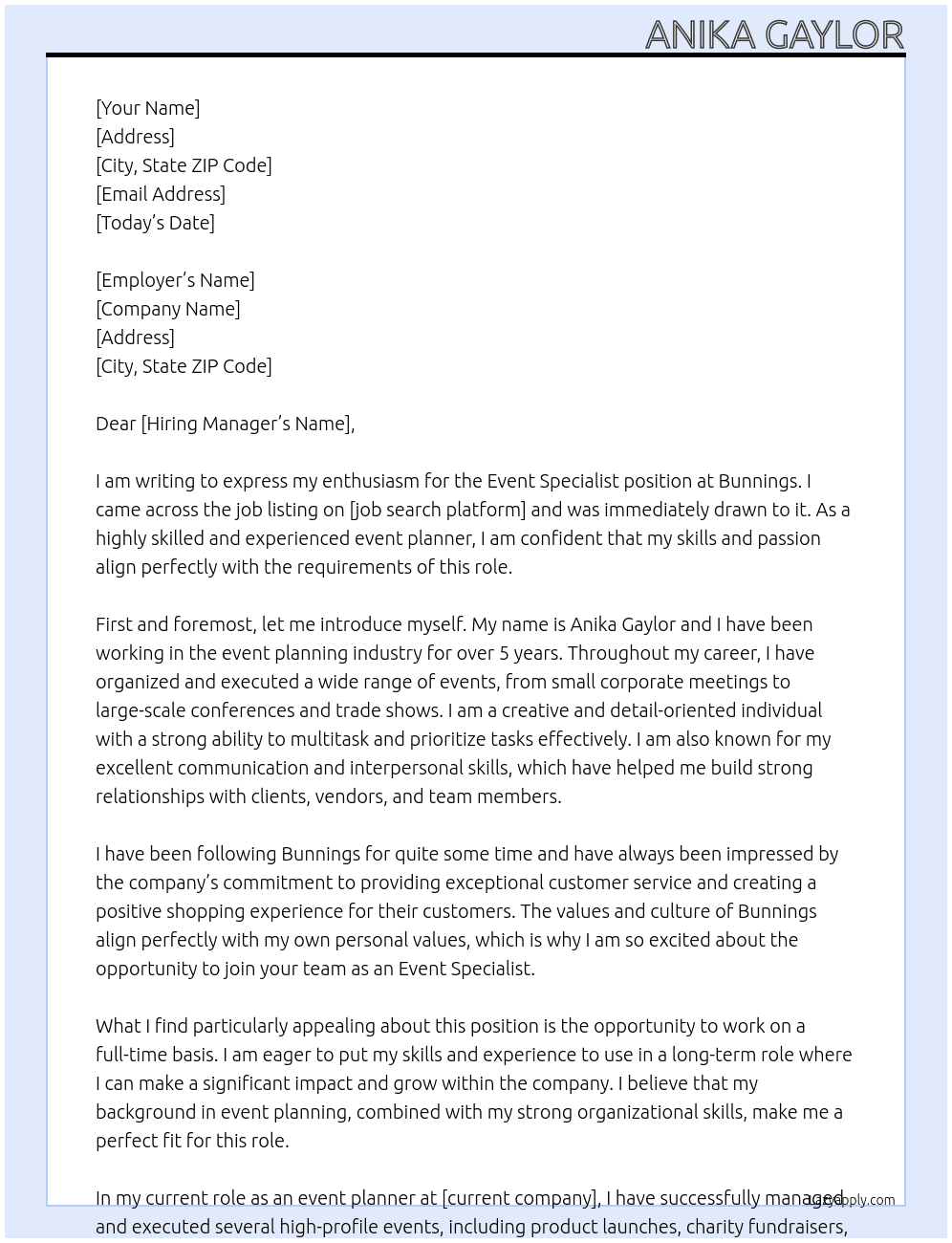 event specialist At bunnings Cover Letter