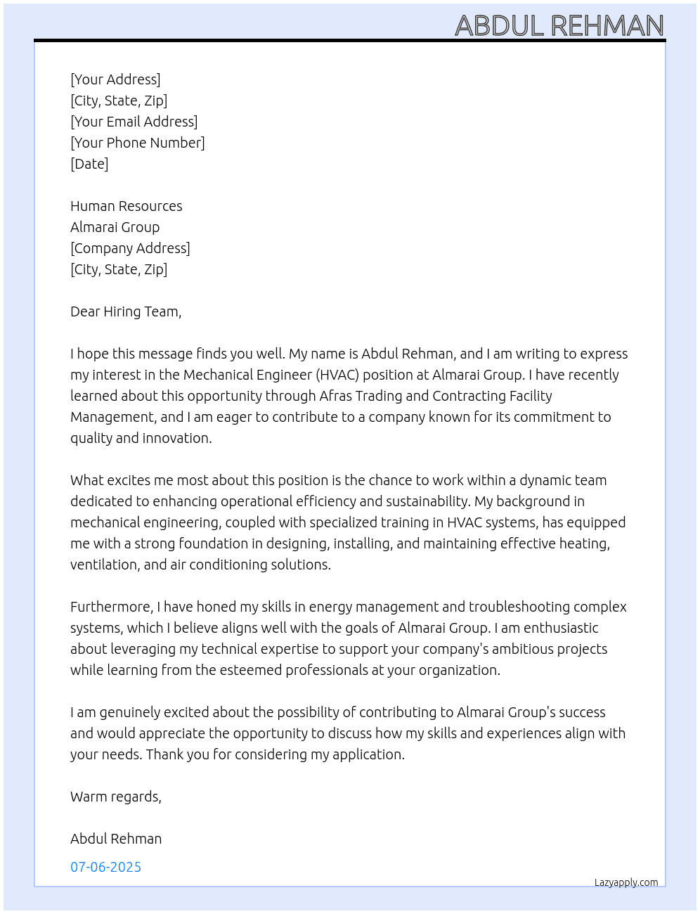 Cover letter for mechanical engineer hvac - LazyApply