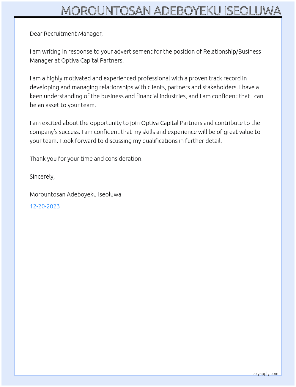 Relationship/Business Manager At Optiva Capital Partners Cover Letter