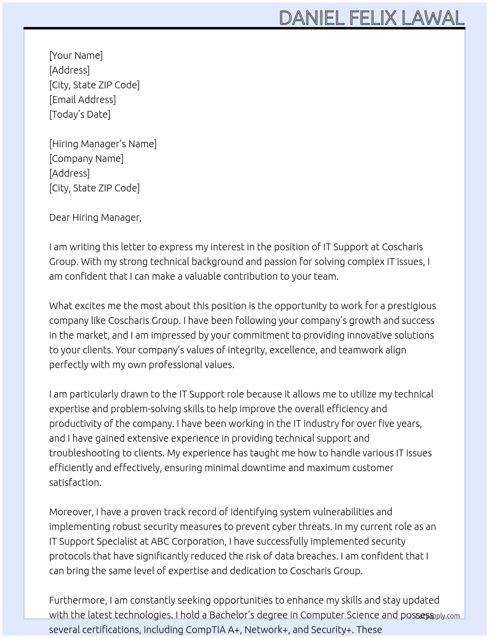 IT Support At Coscharis Group Cover Letter