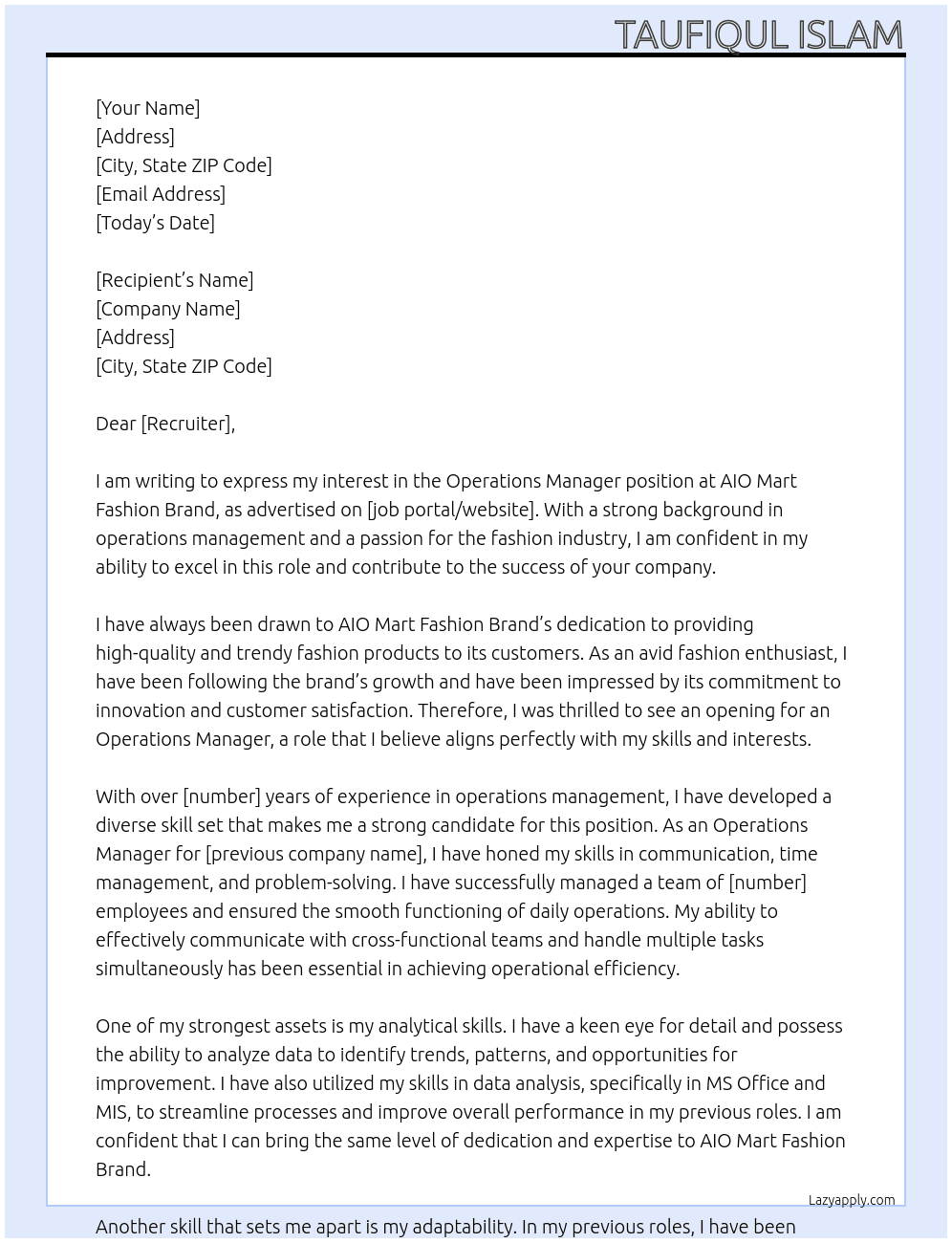 " Operations Manager " At AIO Mart Fashion Brand Cover Letter