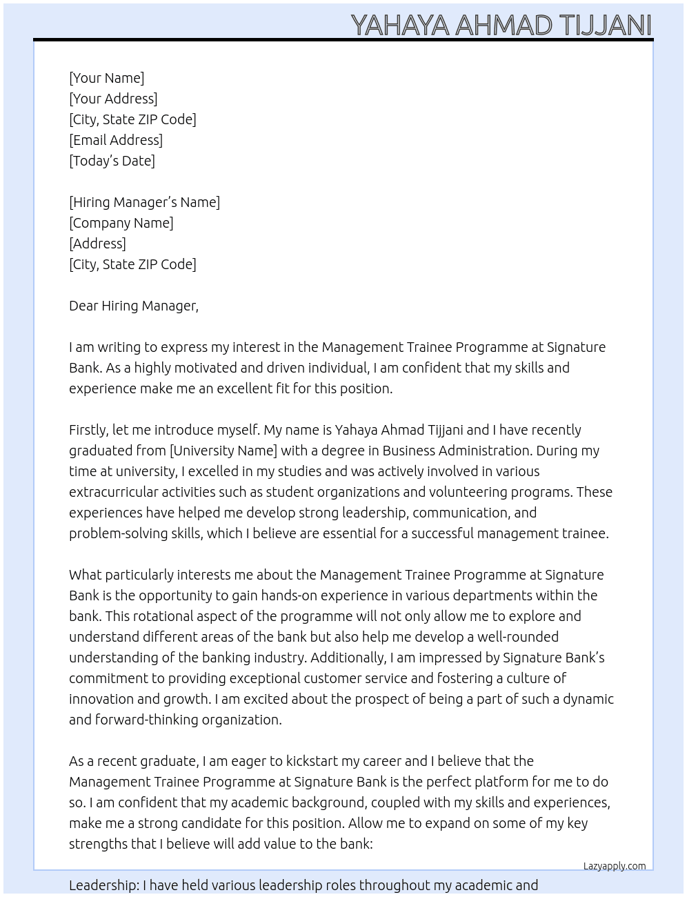 Management Trainee Programme  At Signature Bank Cover Letter