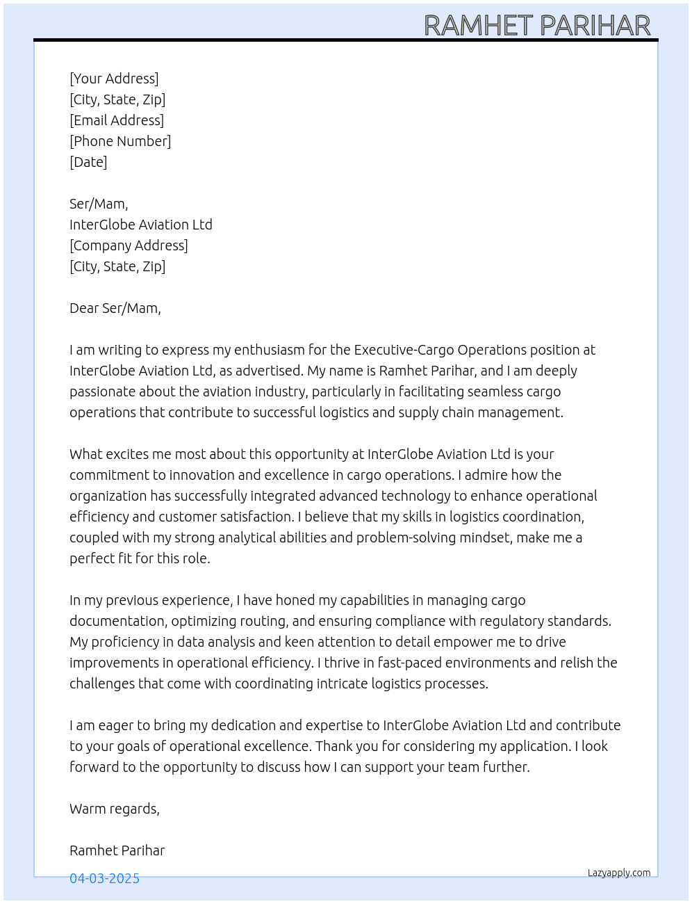 Executive-Cargo Operations  At InterGlobe Aviation Ltd Cover Letter