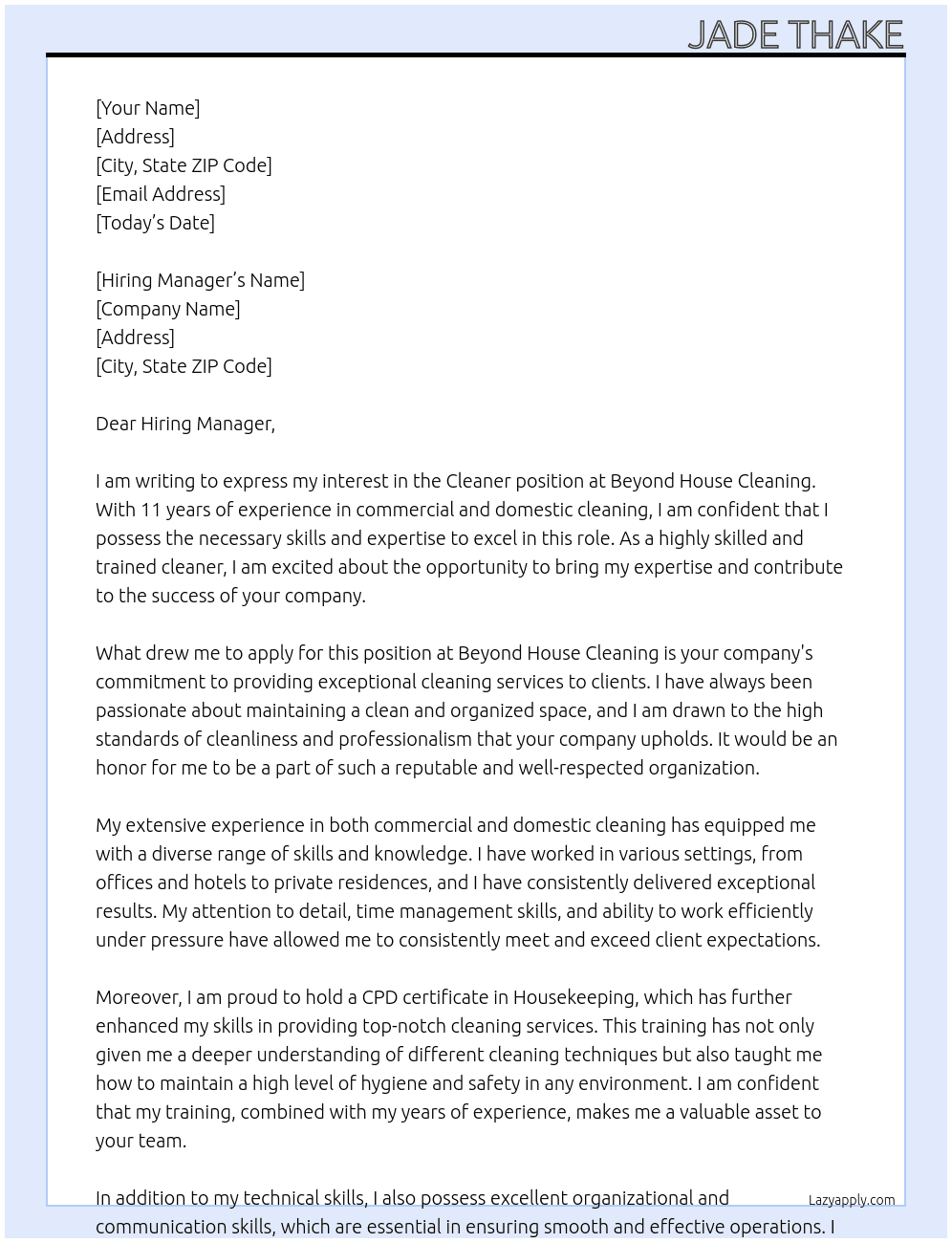 Cleaner At Beyond House Cleaning Cover Letter