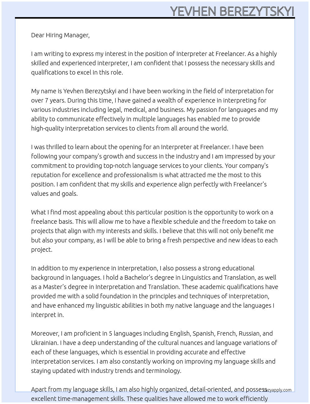 Interpreter At Freelancer Cover Letter