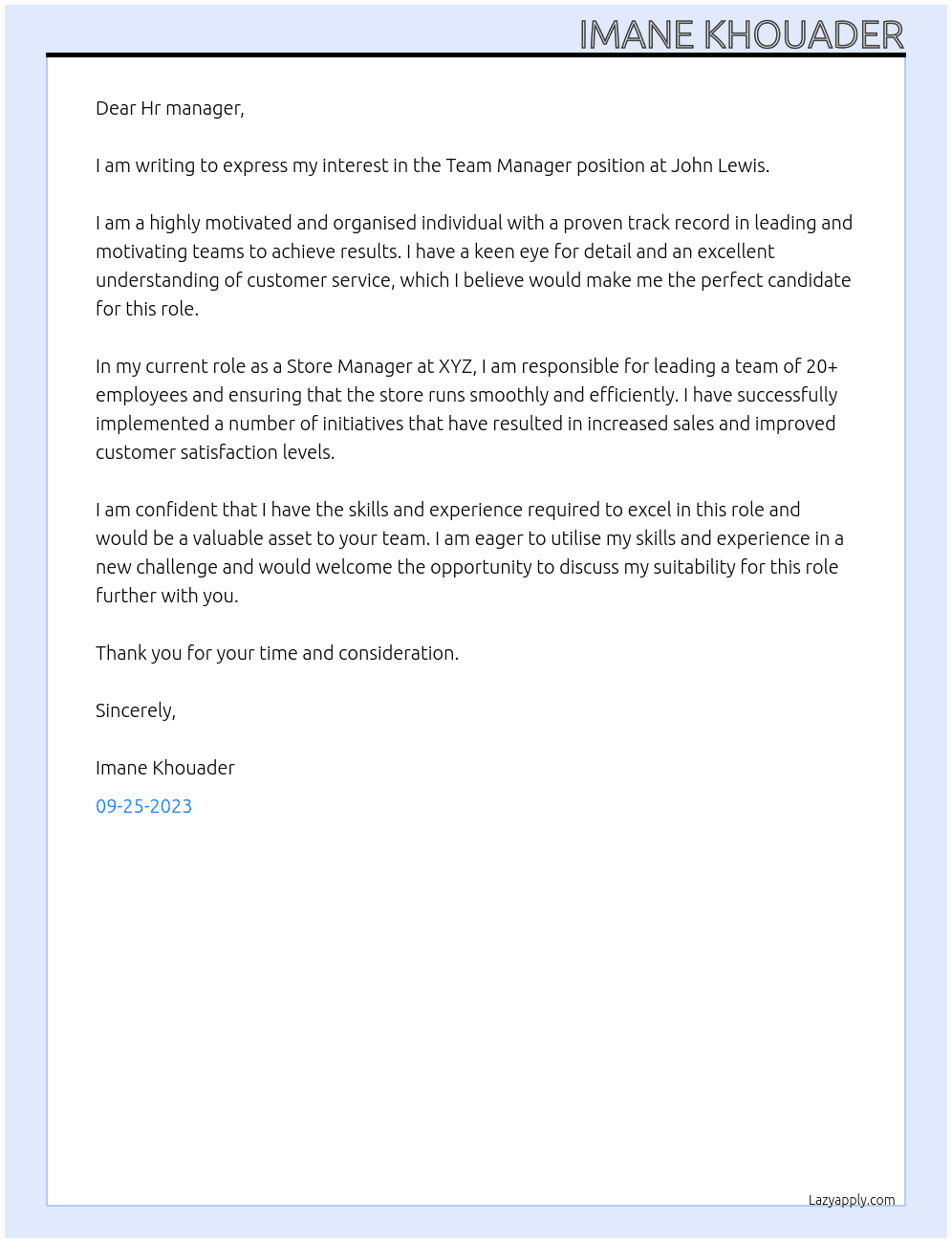 Team Manager At John Lewis project Cover Letter