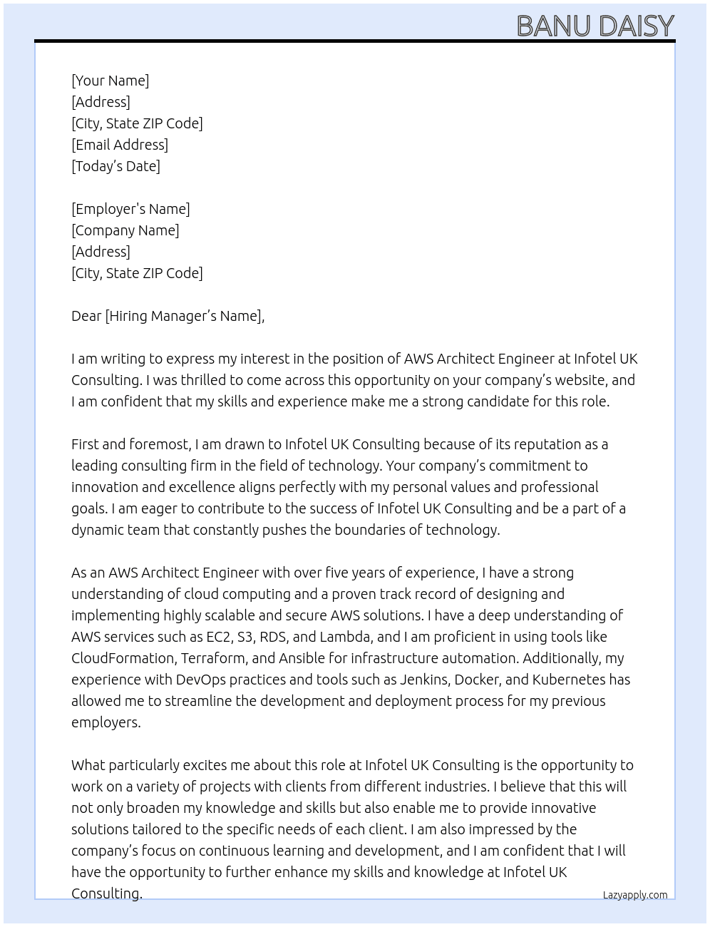 Aws architect engineer  At Infotel uk consulting  Cover Letter