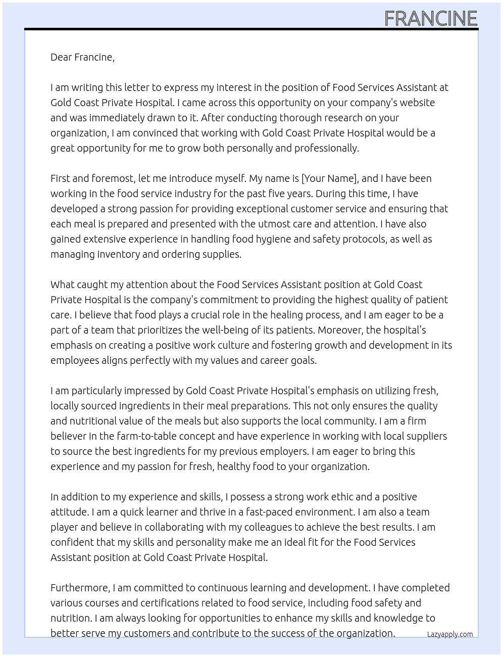 Food Services Assistant At Gold Coast Private Hospital Cover Letter