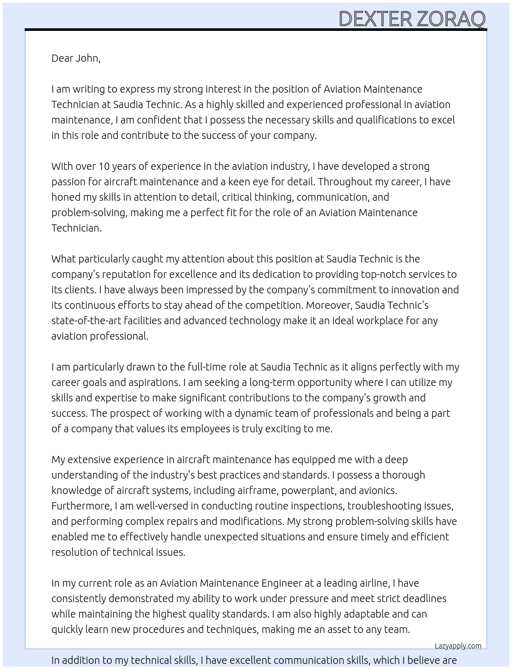 Aviation Maintenance Technician At Saudia Technic Cover Letter