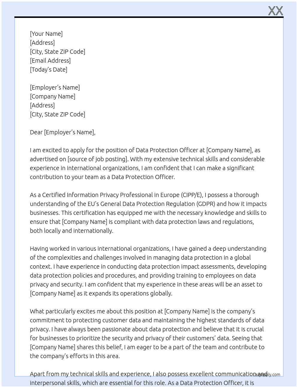 Data Protection Officer At xx Cover Letter