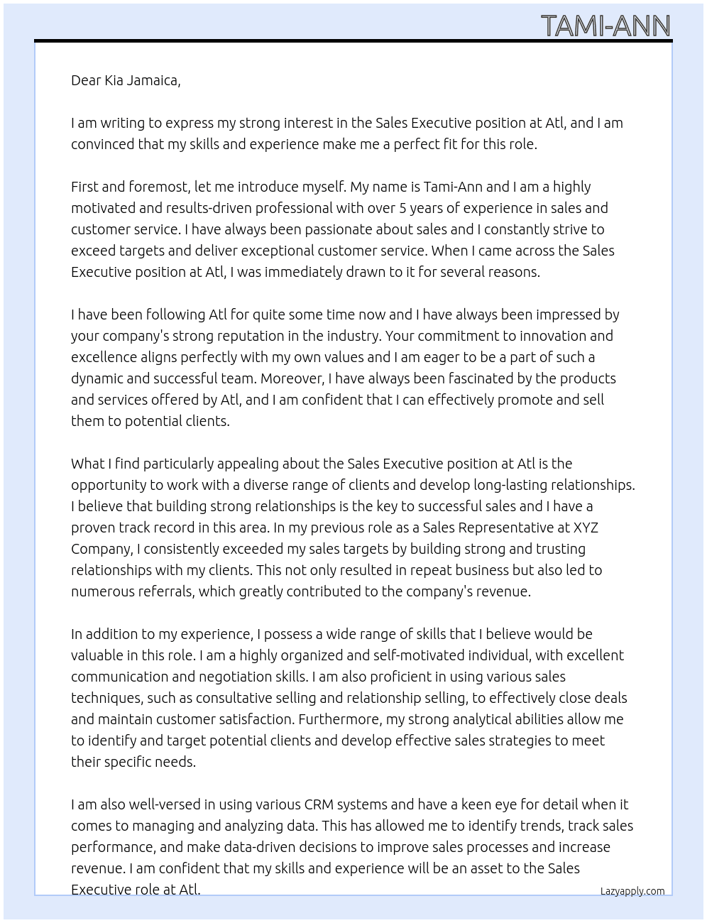 Sales executive At Atl Cover Letter