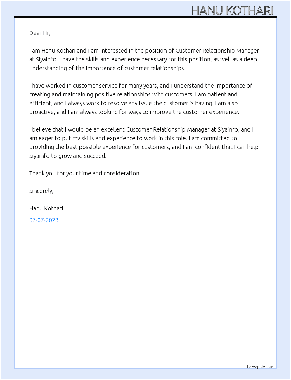 Customer Relationship Manager  At Siyainfo Cover Letter