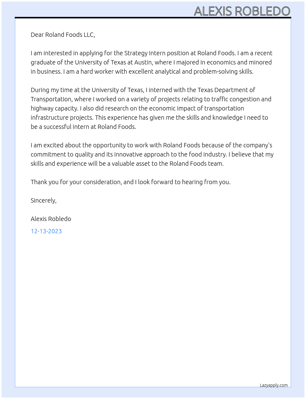 Strategy Intern At Roland Foods LLC Cover Letter