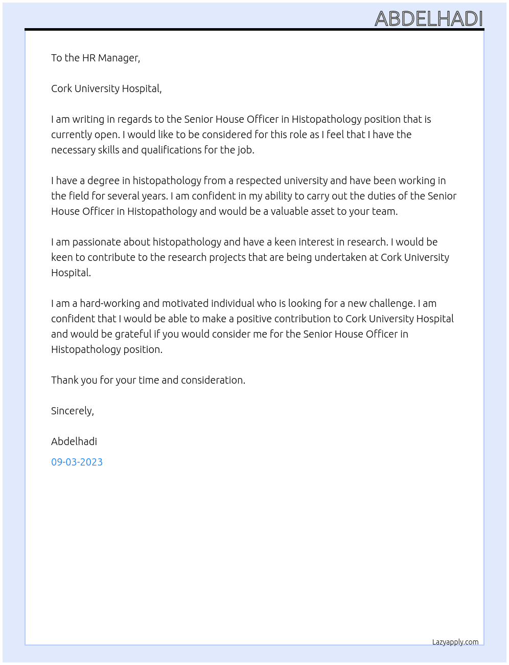 Senior House Officer in Histopathology At Cork University Hospital Cover Letter