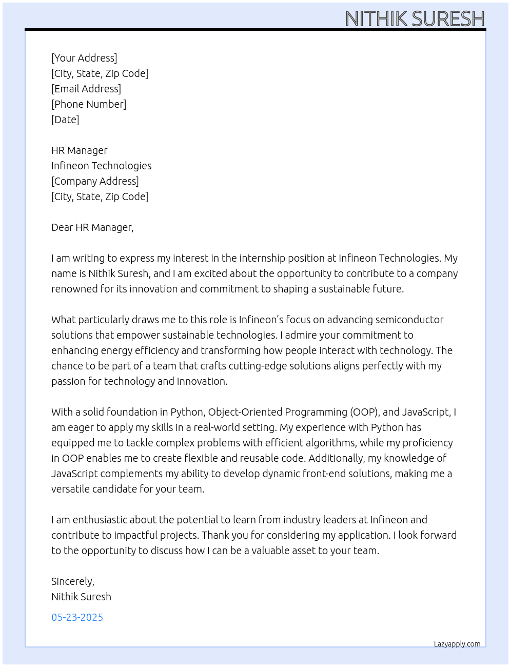 Internship At Infineon Technologies Cover Letter