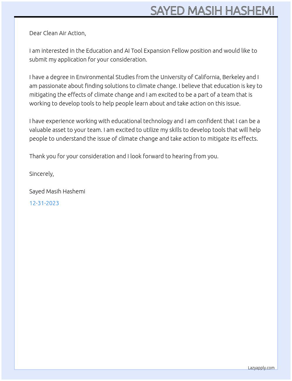 Education and AI Tool Expansion Fellow At Global warming mitigation project  Cover Letter