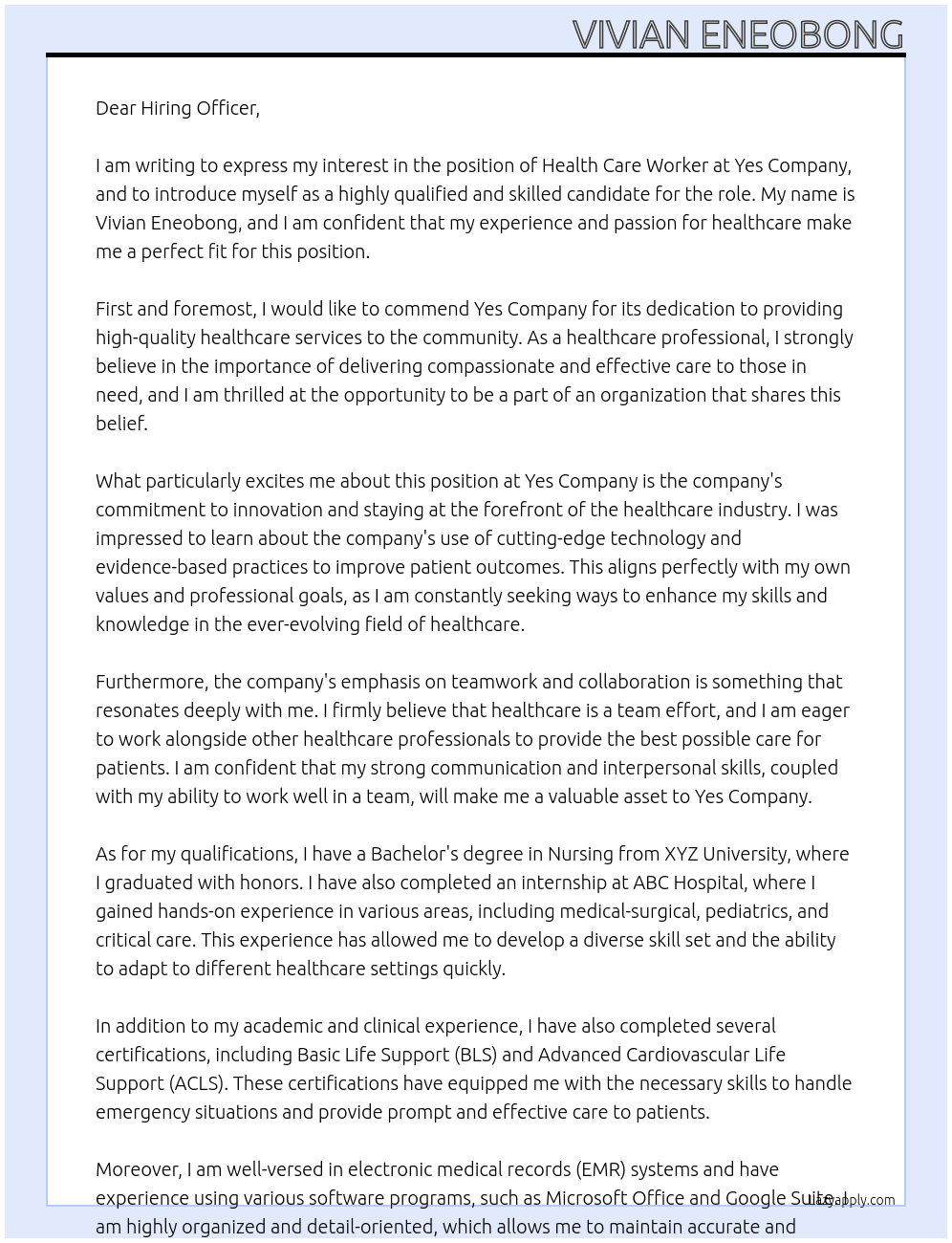 health care worker At yes Cover Letter