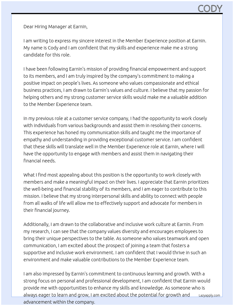 member experience At EarnIn Cover Letter