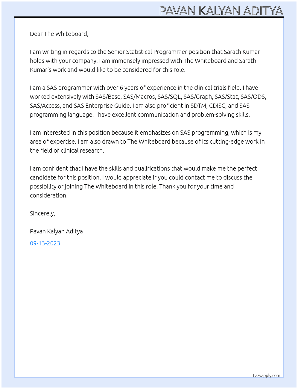Senior Statistical Programmer At The Whiteboard  Cover Letter