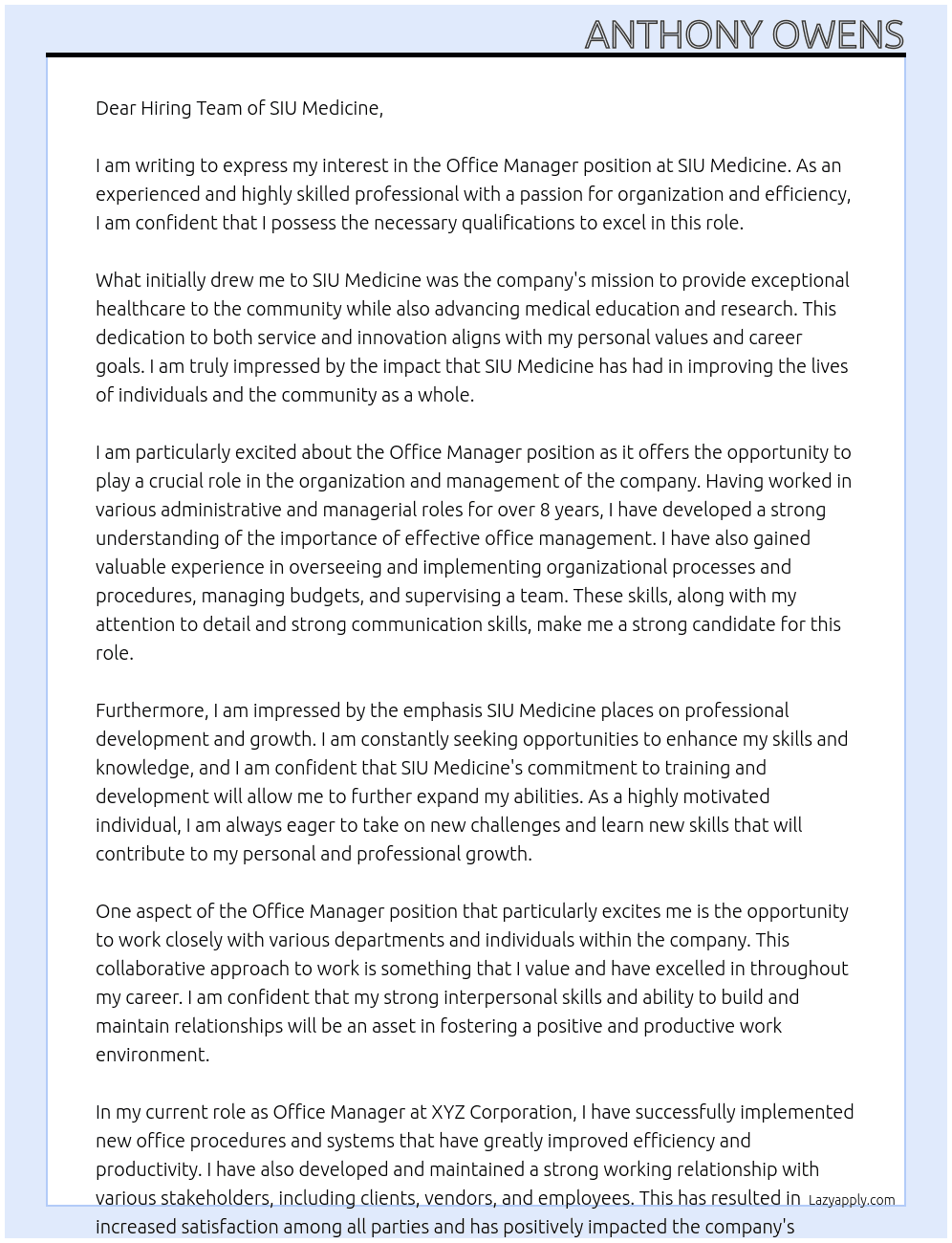 Office Manager At SIU Medicine Cover Letter