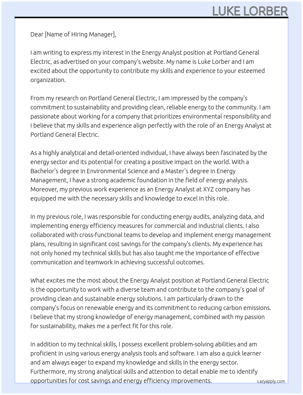 Energy Analyst At Portland General Electric  Cover Letter