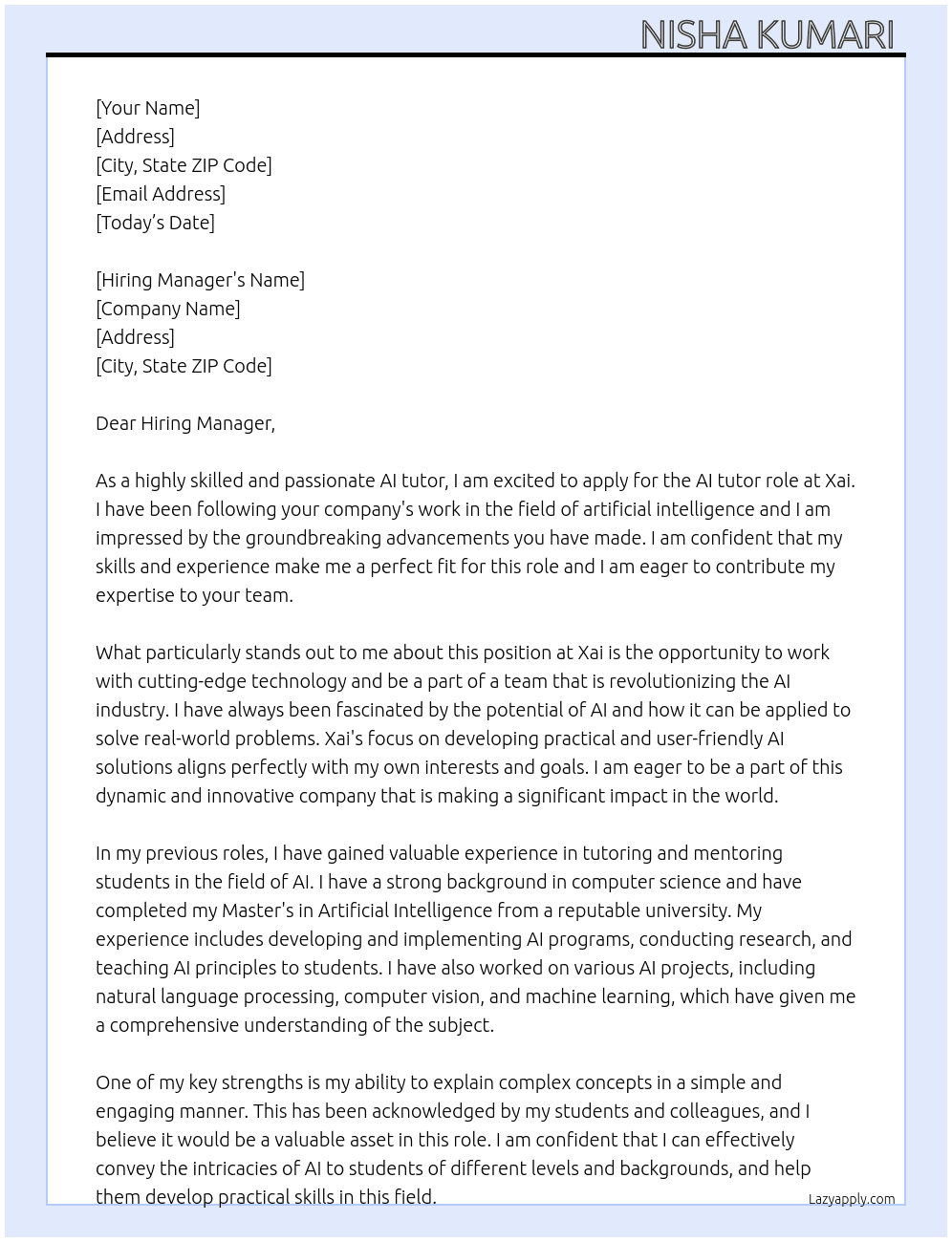 Cover letter for application for ai tutor role - LazyApply