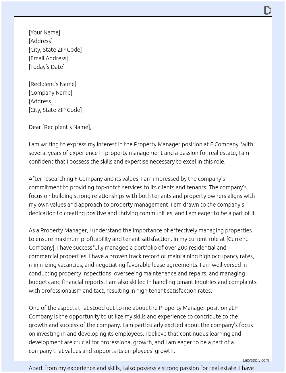 Property manager At F Cover Letter