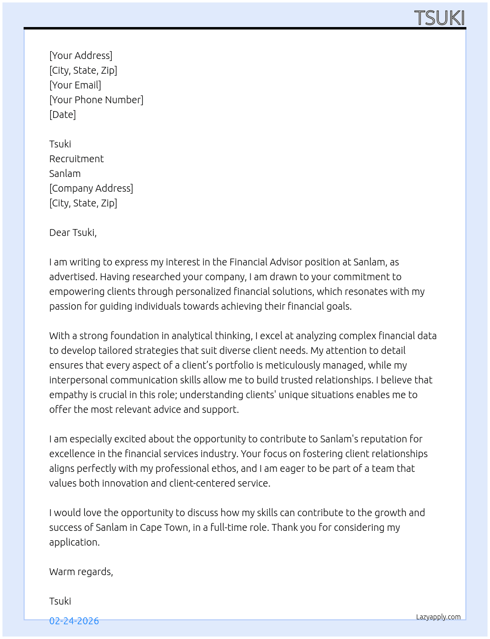 Financial Advisor At Sanlam Cover Letter