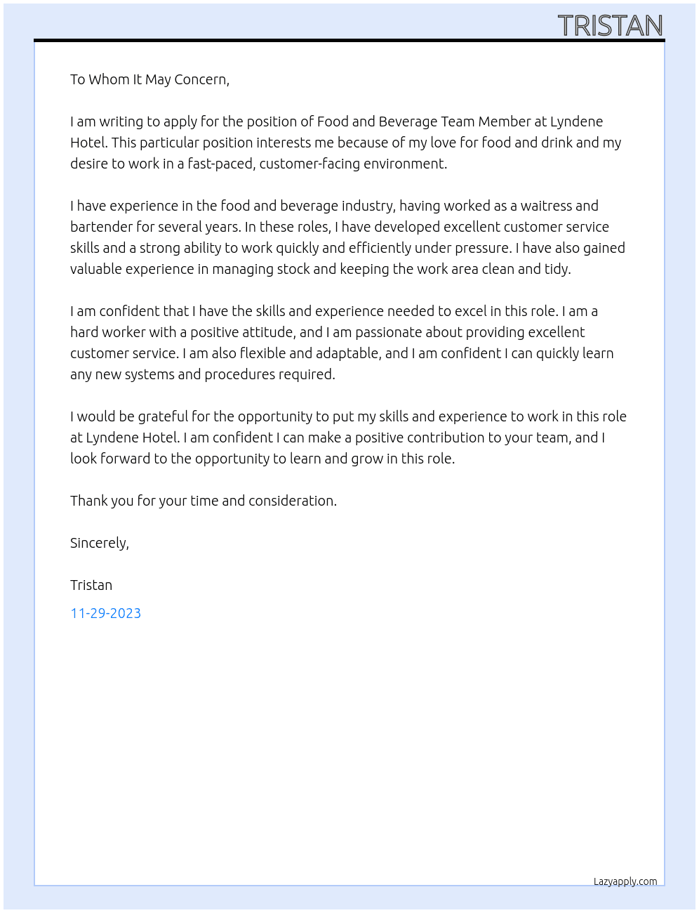 Food and Beverage Team Member At Lyndene Hotel Cover Letter