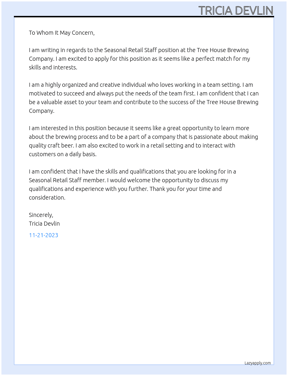 Seasonal Retail Staff At Tree House Brewing Company Cover Letter