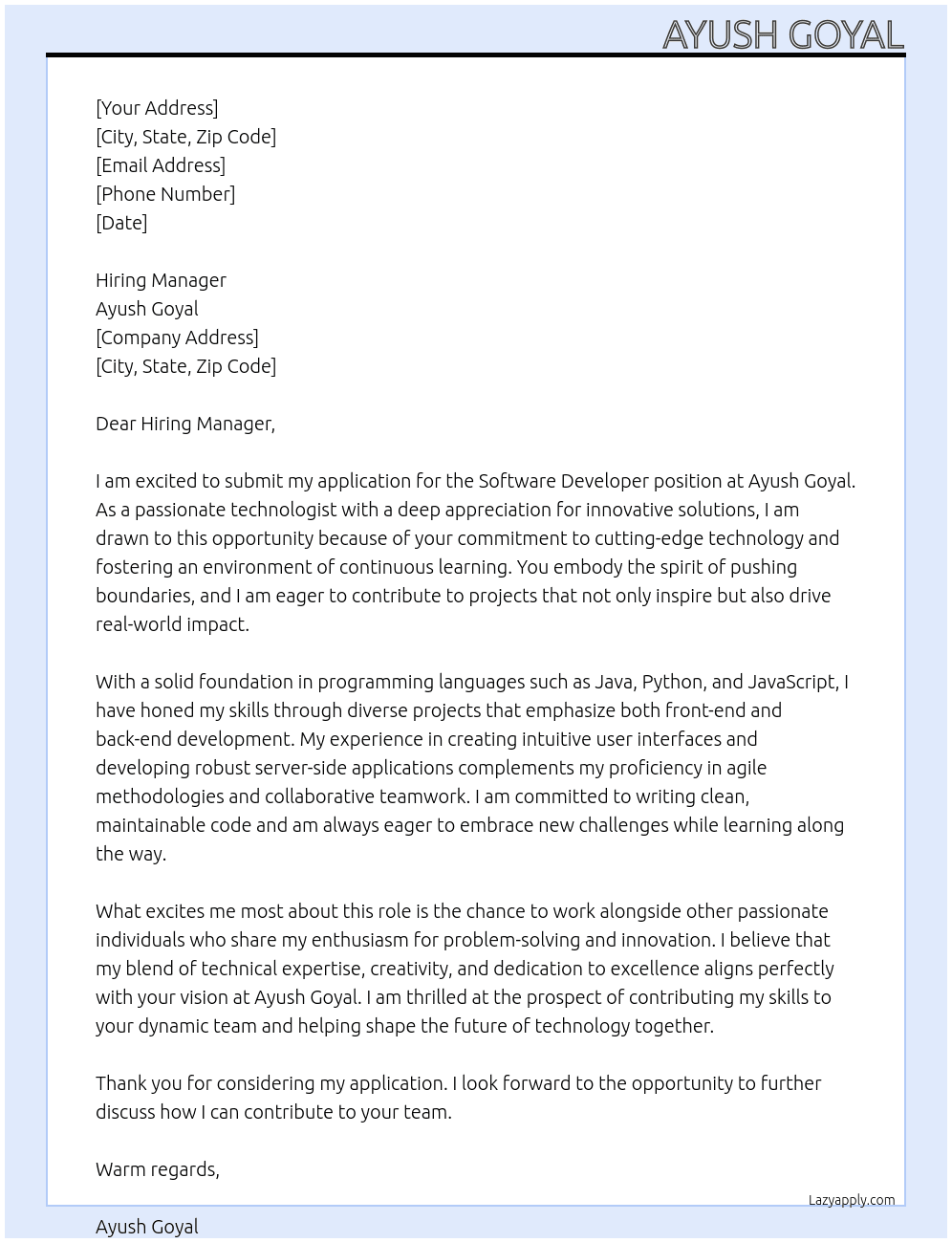 Software Developer At Ayush Goyal Cover Letter