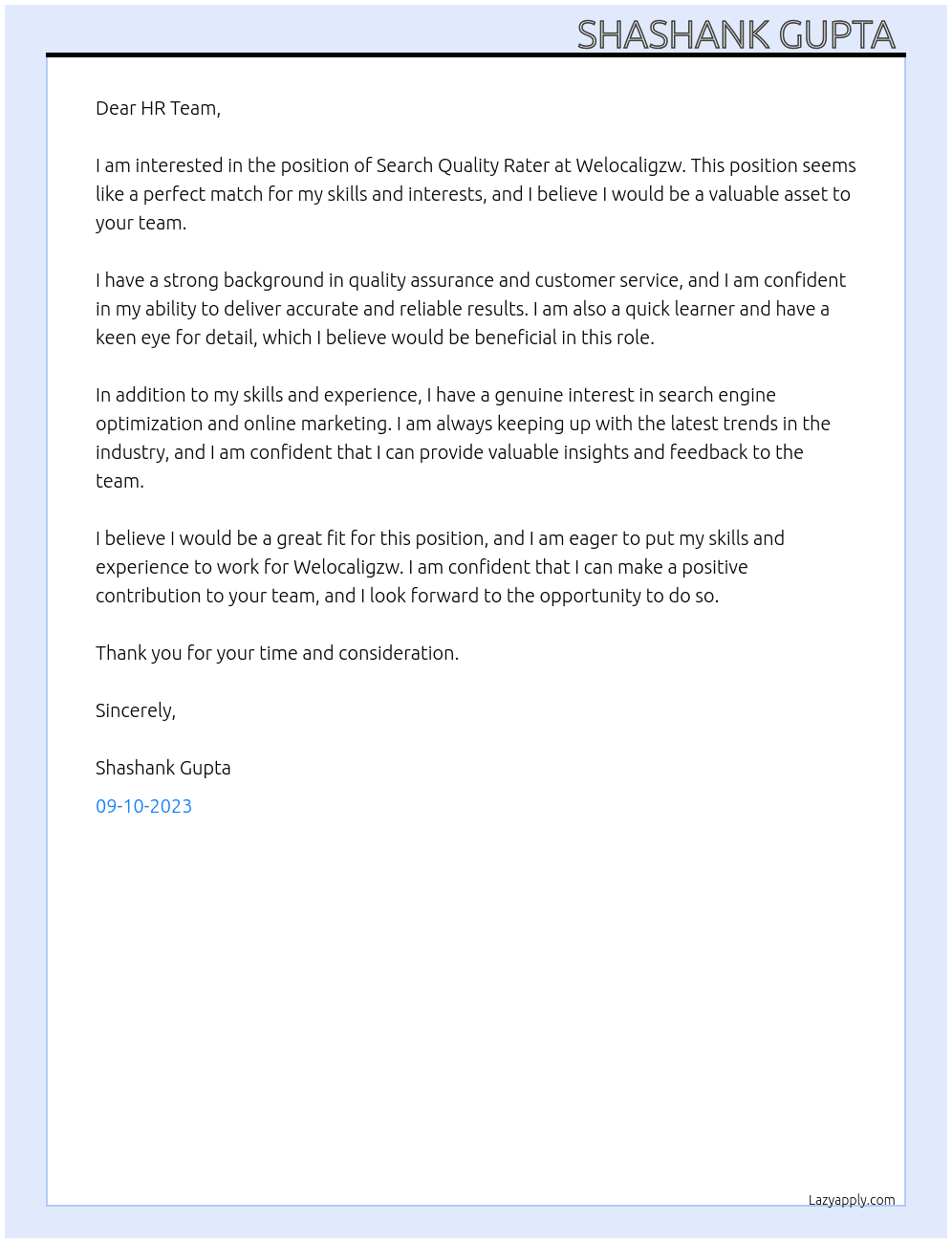 Search quality rater At Welocaligzw Cover Letter