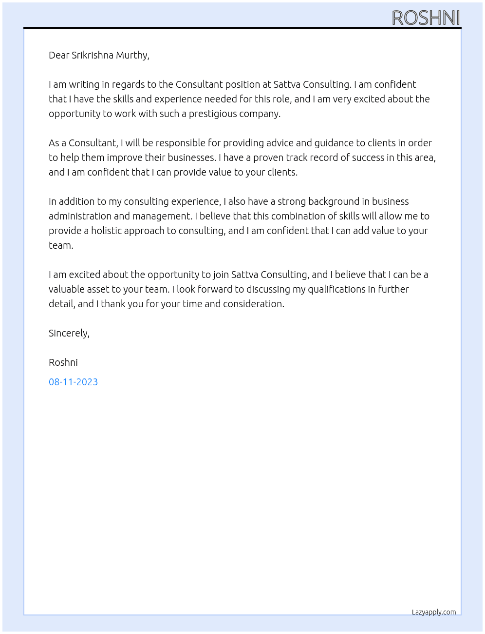Consultant At Sattva Consulting Cover Letter