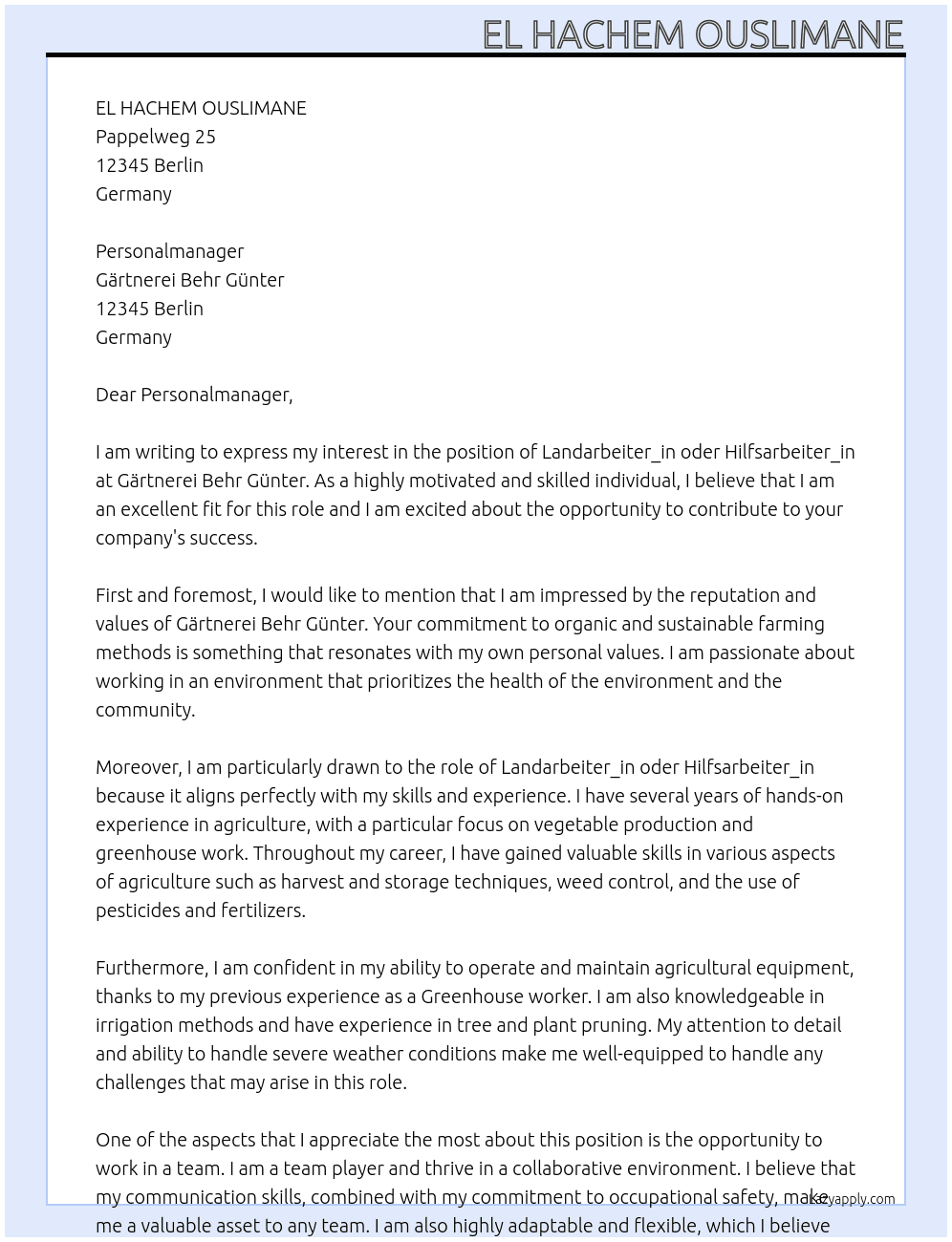 Landarbeiter_in oder Hilfsarbeiter_in At Gärtnerei Behr Günter Cover Letter