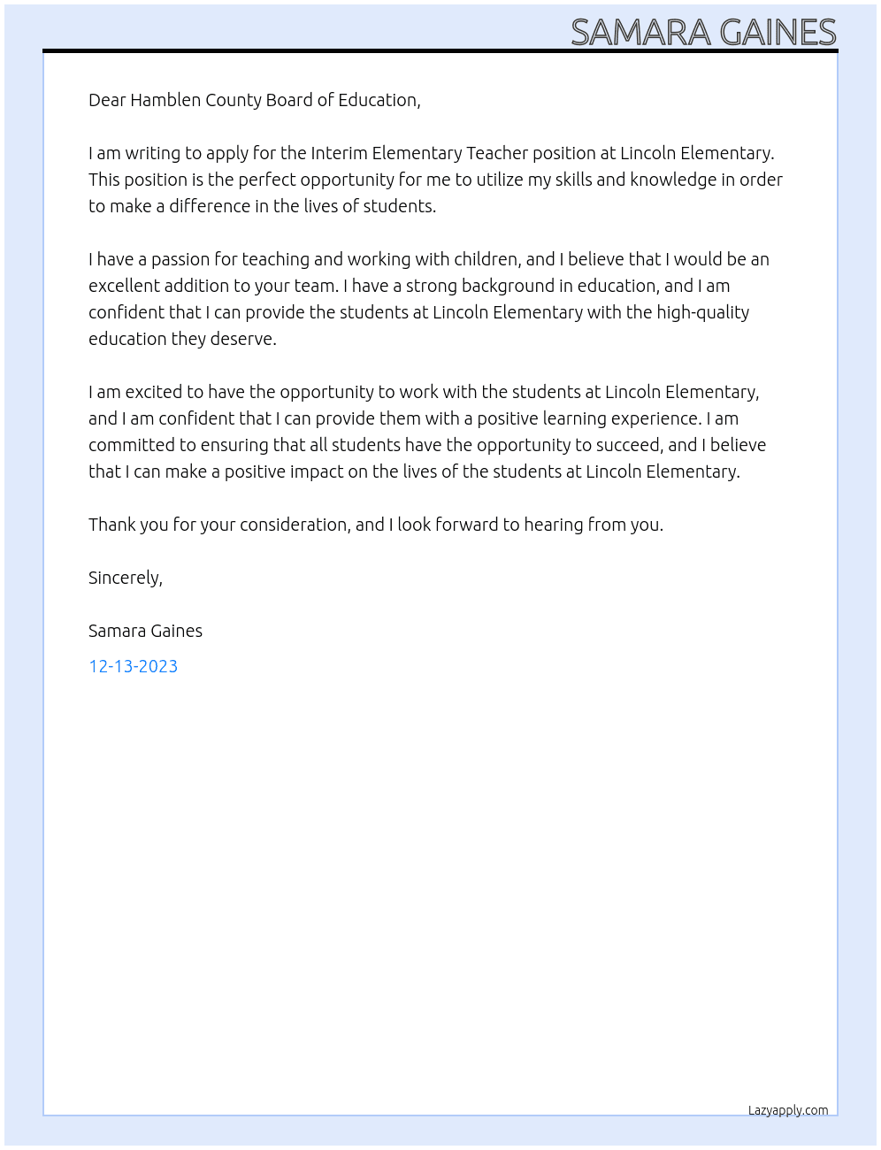 Interim Elementary Teacher At Lincoln Elementary  Cover Letter