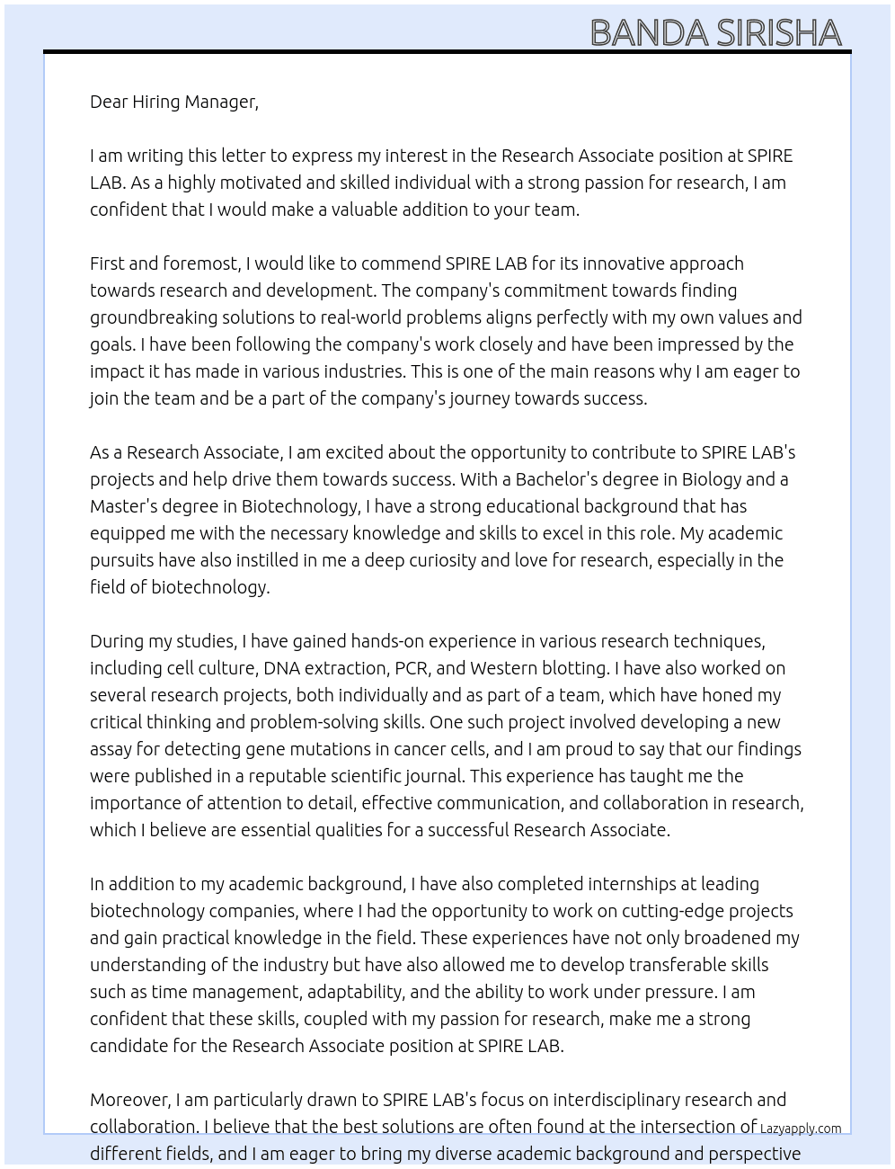 Reasearch Associate  At SPIRE LAB Cover Letter