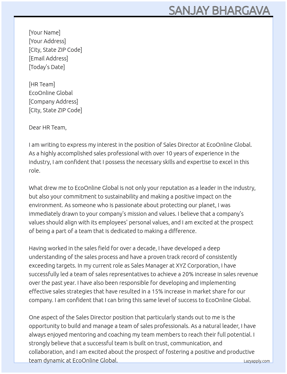 Sales Director At EcoOnline Global Cover Letter