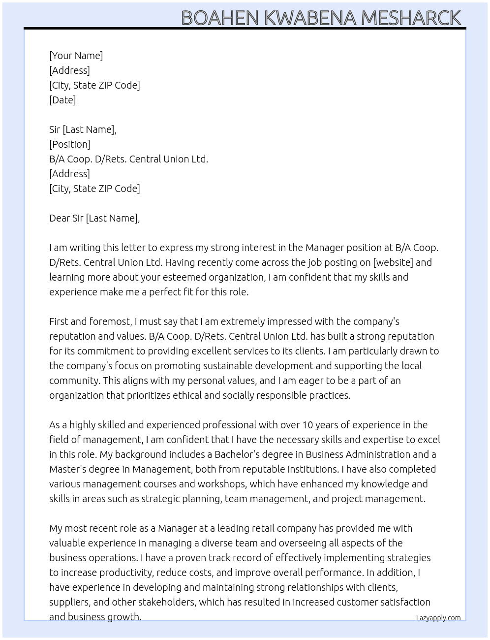 Manager  At B/A Coop. D/Rets. Central Union Ltd. Cover Letter