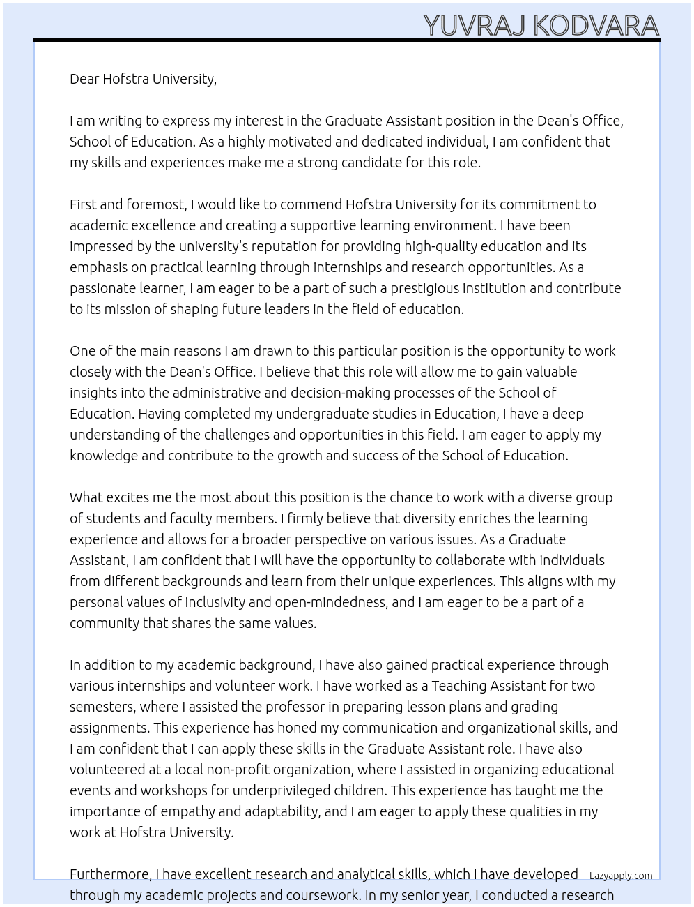 Graduate Assistant - Dean's Office, School of Education At Hofstra University Cover Letter