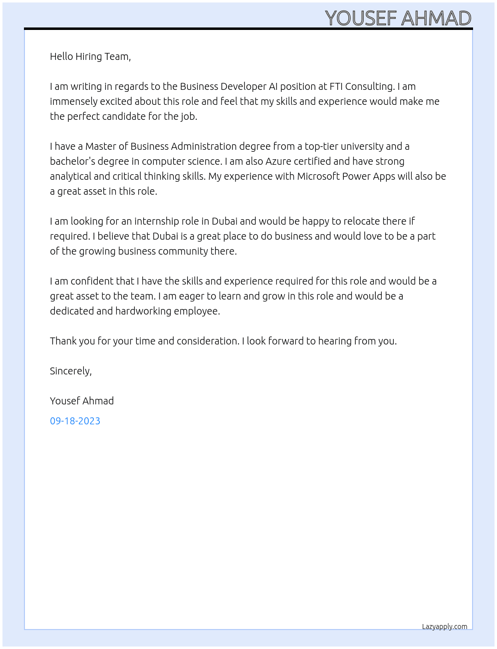 Business Developer AI At FTI consulting Cover Letter