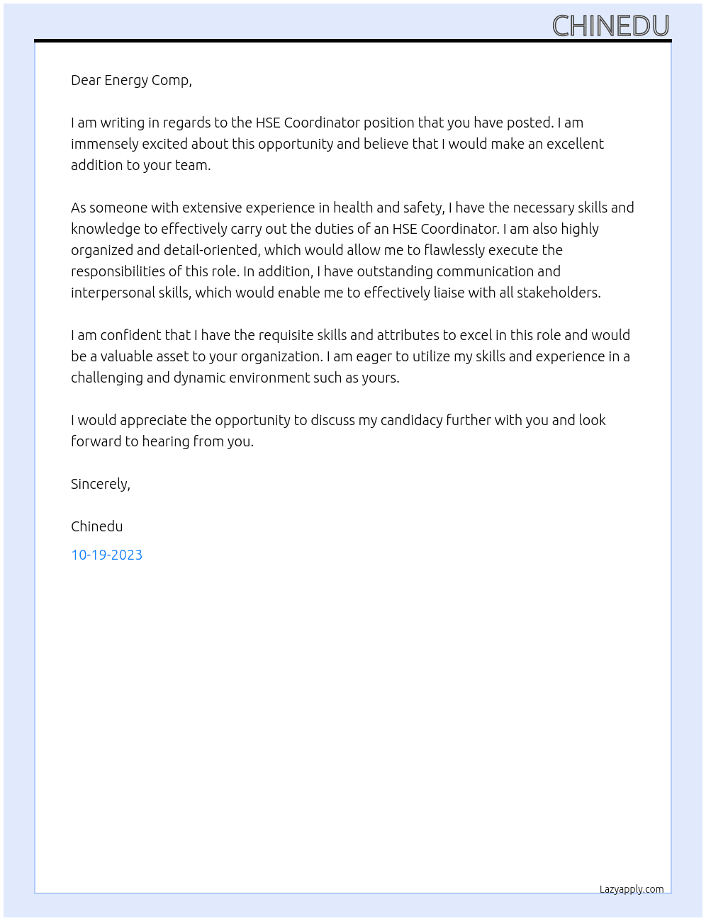 hse coordinator  At Energy Comp Cover Letter