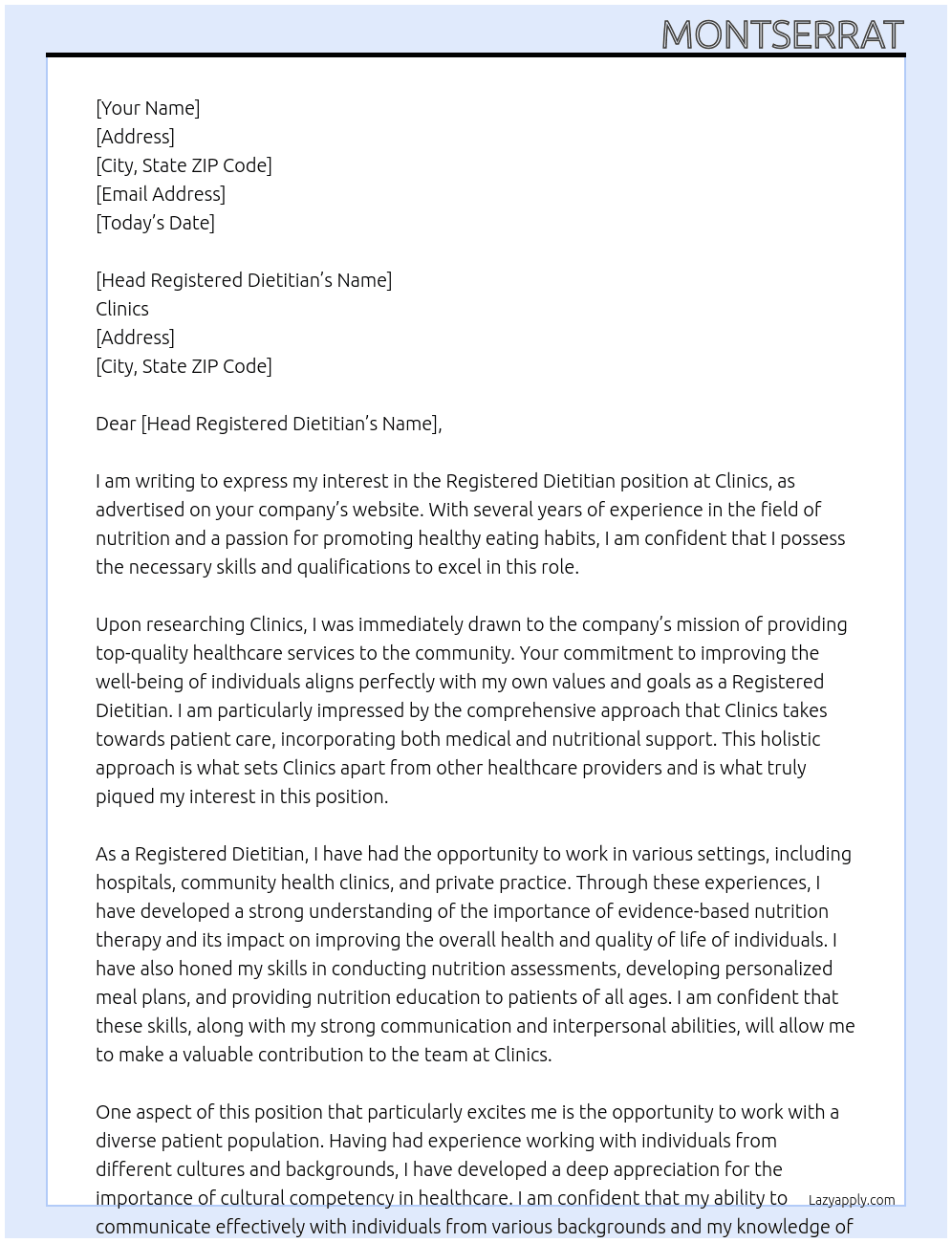 Register Dietitian  At Clinics  Cover Letter