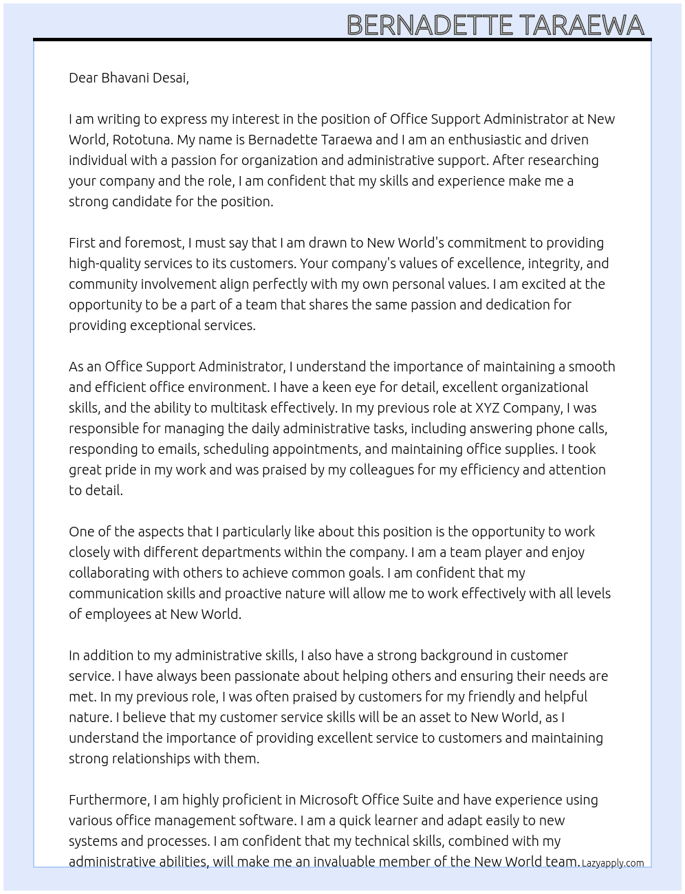 Office support administrator  At New World, Rototuna Cover Letter